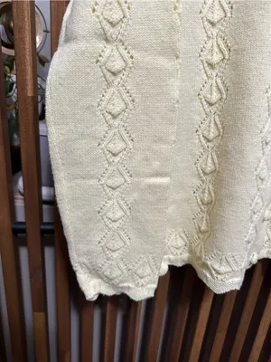Vintage Handmade Butter Yellow Diamond Pointelle Cardigan Sweater Scalloped Hem thumbnail 3