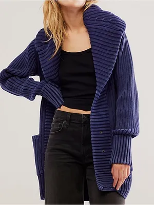 Free People Ryanne Long Haul Cardigan Size Large Chunky Knit Sweater Blue NWOT thumbnail 1