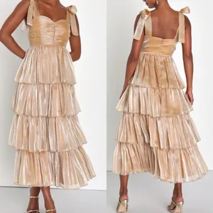 NWT Lulus Small Gold Radiant Arrival‎ Shiny Gold Organza Tiered Tie-Strap Maxi thumbnail 2