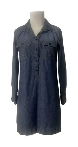 J.Crew Women's Blue Denim Chambray Shirt Dress Roll Tab Sleeve Size Small Preppy thumbnail 1