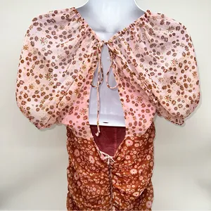 Free People Pink and Rust Brown Floral Ruched Mini Dress with Boho Feels-Size S thumbnail 7