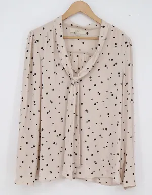 Ann Taylor LOFT Blouse Womens L Tie-Neck Polka Dot Cream Black Long Sleeve Exc thumbnail 1