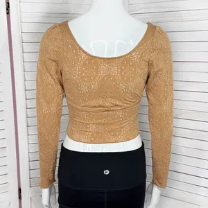 Kirious Boho Embroidered‎ Eyelet Tie Neck Long Sleeve Crop Top Tan XS thumbnail 4