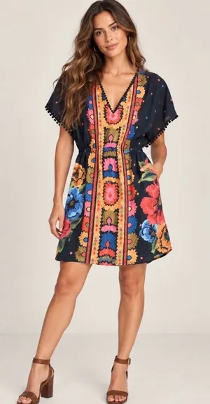 Farm Rio Anthropologie Black Floral Mini Dress Size S Boho V-Neck Pom Trim thumbnail 1