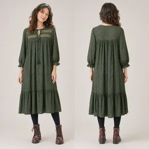 April Cornell Candlelight Smock Dress Large L Olive Green Block Print Boho Midi thumbnail 2