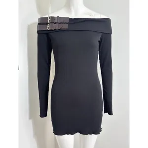 Y2K Black Off Shoulder Sweater Mini Dress Buckle Ribbed Knit Goth Grunge M thumbnail 2