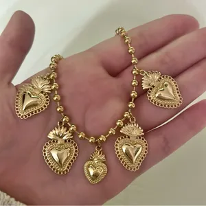 Gold Heart Multi Charm Pendant Beaded Necklace thumbnail 4