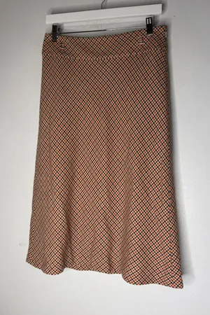 Talbots vintage inspired Houndstooth Wool checked orange brown midi a line skirt thumbnail 1