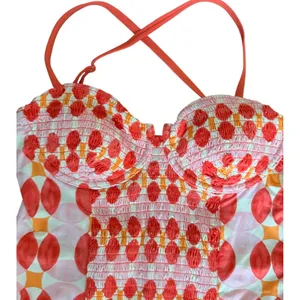 Maeve by Anthropologie Smocked Geometric One Piece Swimsuit Coral‎ Pink Large thumbnail 3