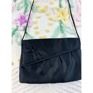 Vintage Black Rayon Satin Evening Bag Bow‎ Detail Formal Clutch Shoulder Bag thumbnail 2