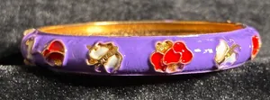 Purple and gold enamel bangle bracelet with red and white flower designs 7” thumbnail 1