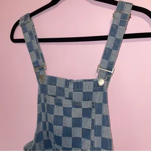 Pink Lily Checkered Denim Overalls Women XS Oversized Kidcore Artsy Maximalist thumbnail 3