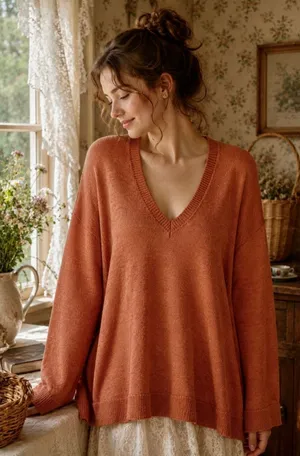FREE PEOPLE Free-est V Neck Pullover Sweater Orange Knitwear Boho Bohemian Small thumbnail 1