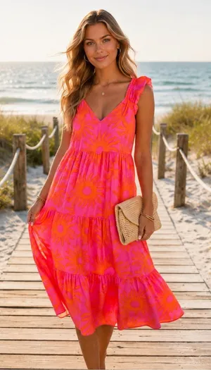 J. Marie Sun Print Tiered Midi Dress NWT Pink Orange Ruffle Summer Dress Size L thumbnail 1