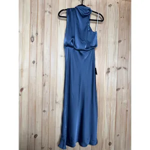 NWT Lulus Distinctive Charm Slate Blue Satin Asymmetrical Midi Dress Wedding S thumbnail 2