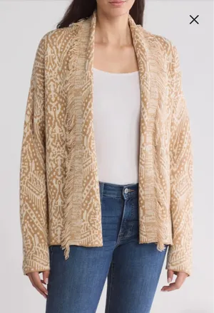 Women's Lucky Brand Tan White Patterned Fringe Cardigan M Boho Festival thumbnail 1