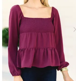 Paper Crane Top Berry Purple Smocked Baby Doll Long Sleeve Blouse Top Medium NEW thumbnail 1