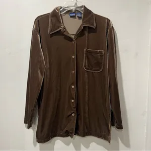 Vintage Honors Small Brown Velvet Button Down Shirt‎ Y2K Soft Vamp Retro Lounge thumbnail 2