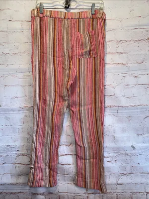 Sundance Pink Tan Stripe elastic Waist Bakari Beachy Pants Roll Tab Hem S pocket thumbnail 5