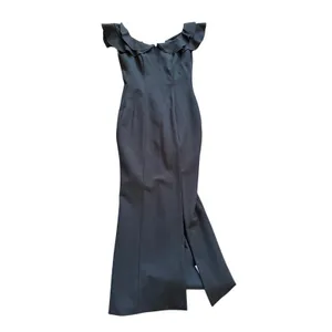 Elliatt Black Wide Neck Ruffle Shoulder Thigh High Slit Maxi Dress Wedding Guest thumbnail 2