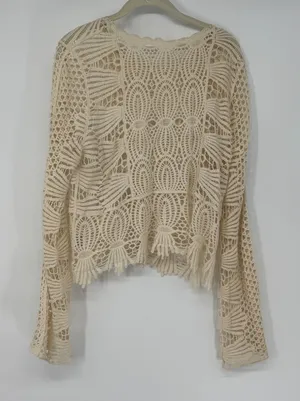 Boho Crochet Lace Long Sleeve Top‎ Cream Sheer Bell Sleeve Festival Blouse thumbnail 1