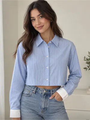 Edikted Sky Blue & White Pinstripe Button Up Crop Top Long Sleeve XS academia thumbnail 1