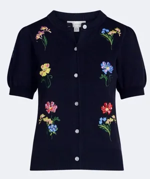 Navy Floral Embroidered Short-Sleeve Cardigan thumbnail 1