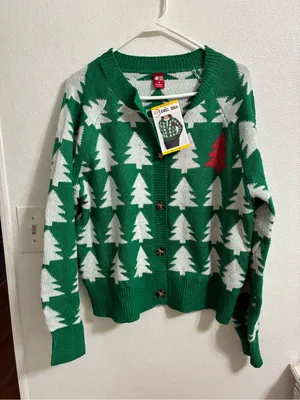 Holiday Tree Pattern Green Cardigan Sweater by Dec 25th Medium thumbnail 1