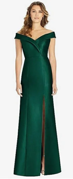 Alfred Sung Off-the-Shoulder Cuff Trumpet Gown Hunter Green Satin Size 2 D760 thumbnail 1