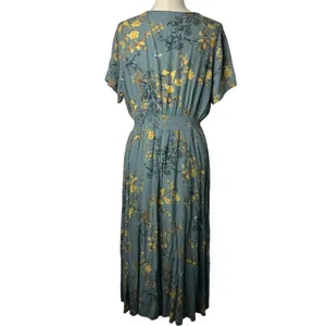 Gray Mustard Floral Button-Front Drawstring Maxi Dress Size XL thumbnail 3