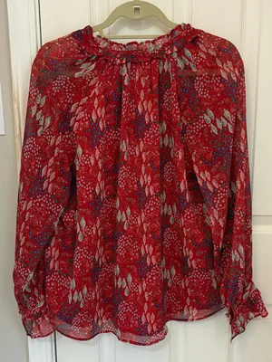 LOFT Long Sleeve Printed Red Top with Ruffle Trim thumbnail 2