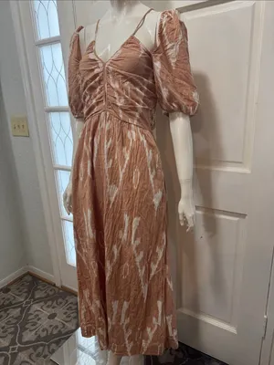 Mirth 100%cotton Rust Tie-Dye Midi Dress with Puff Sleeves size medium thumbnail 7