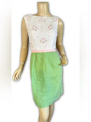 Vintage 1960'S Green, White & Pink Floral Print Sheath/Wiggle Dress (Xs) thumbnail 2