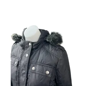 Aqua Black Faux Fur Trim Quilted Long Sleeve Hooded Puffer Parka Coat Jacket XS thumbnail 2