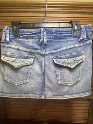 🌸MY2K Mudd Blue Denim Mini Skirt Embroidered Beaded Pockets Button Size S thumbnail 5