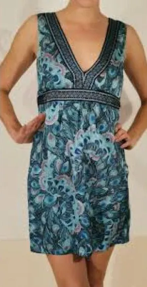 H&M Blue and Purple Peacock Print Deep V Belted Sleeveless Mini Dress thumbnail 1