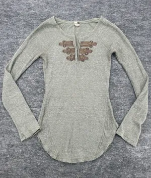 We The Free Free People Thermal Henley Top Olive Green Waffle Knit XS Boho thumbnail 1