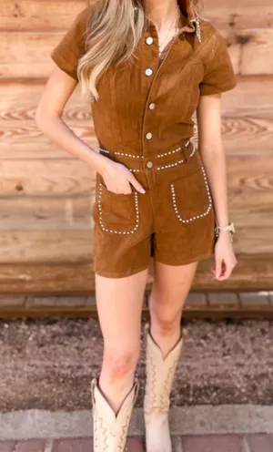Baevely Womens XS Brown Faux‎ Suede Studded Western Romper Short Sleeve Cognac thumbnail 1