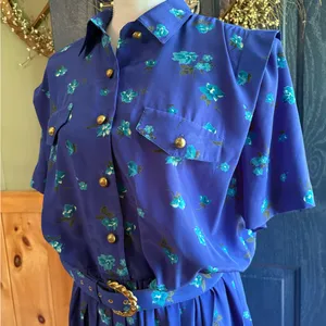 Blue Midi Dress 80s Blouson Floral Print Dress Button Back 80s Draped High Waist thumbnail 2