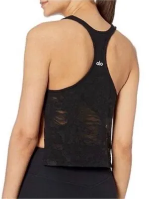 ALO Yoga Black Lace-Texture Cropped Racerback Tank thumbnail 2