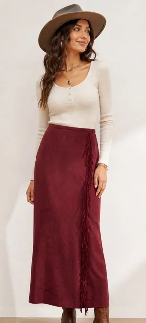 Norton McNaughton Western Burgundy Fringe-Trim Maxi Skirt Faux Suede Size 10 thumbnail 1