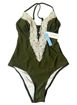Cupshe Swimsuit Womens S‎ Green Lace Plunge One Piece Swimsuit NEW thumbnail 1