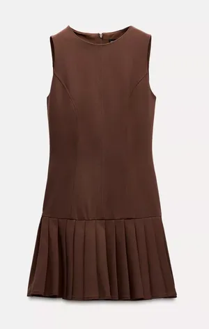 Sleeveless Brown Pleated Hem Dress thumbnail 1