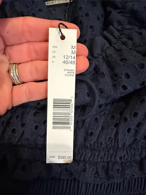 Elie Tahari Eyelet Smocked Midi Dress Navy Medium NWT thumbnail 3