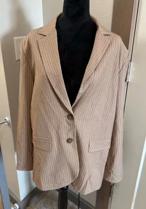 WAYF Double Breasted Brown White Pinstripe Blazer Business Work Career Neutral M thumbnail 1
