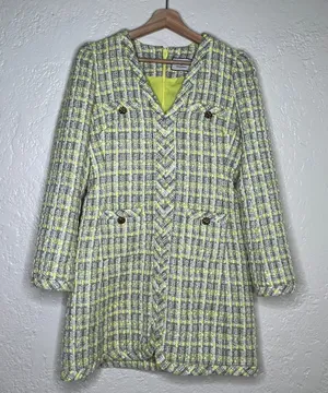 Tuckernuck Yellow and Gray‎ Plaid Tweed V-Neck Mini Dress Long Sleeve Size S thumbnail 1
