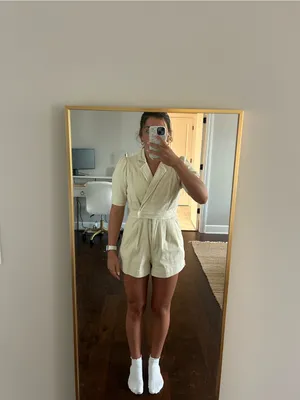 Cream Short-Sleeve Linen-Blend Romper with Tailored Waist thumbnail 2