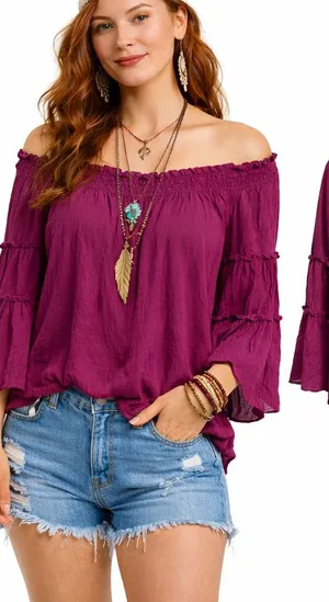 Free People Magenta Off The Shoulder Tiered Bell Sleeve‎ Boho Peasant Top Small thumbnail 1