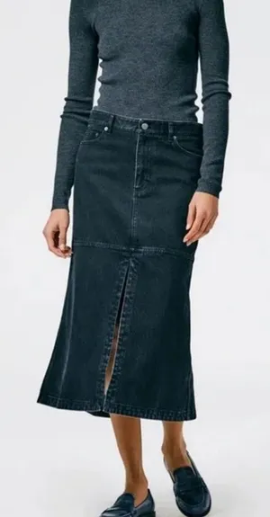 Tibi Size 29 Black Low Rise Denim Jean Midi Skirt with Front Slit thumbnail 1