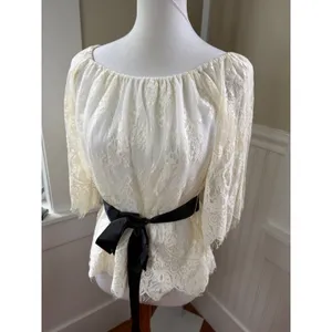 NWT Teri Jon Ivory‎ Lace Off Shoulder Blouse Black Satin Belt Size 4 thumbnail 10
